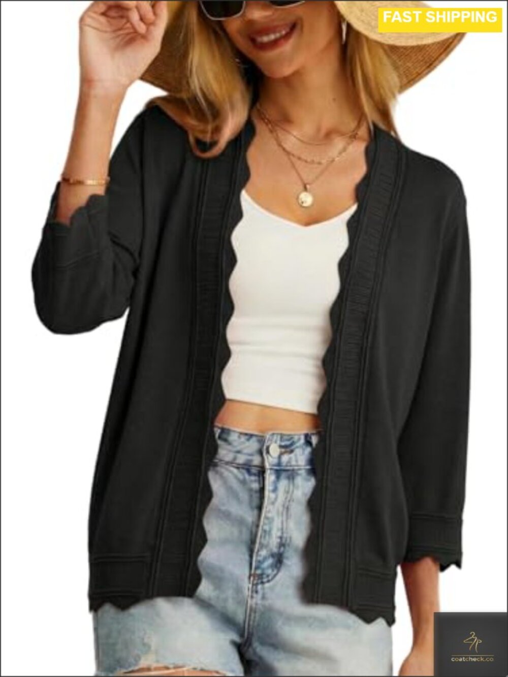 Lightweight 3/4 Sleeve Open Front Scalloped Cardigan Bolero Shrug